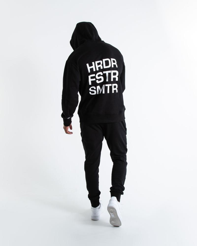 HRDR FSTR SMTR UNISEX HOODIE - BLACK.